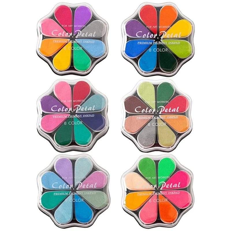 48 Colors Craft Ink Pads, 6 Packs Washable Finger Ink Pads For Paper Wood Fabric Pigment Stamping, Flower Petal