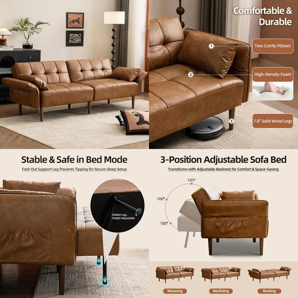 أريكة سرير فوتون حديثة من الجلد الصناعي لمنتصف القرن مع مساند للذراعين قابلة للتعديل، وسائد بمقعدين للنوم، أريكة صغيرة لـ C #1