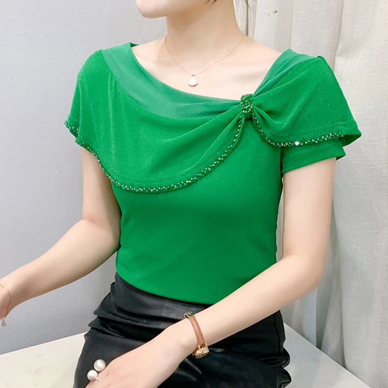 Camicetta stile estivo con perline fatte a mano per l'industria pesante Camicia versatile a maniche corte in rete sottile alla moda