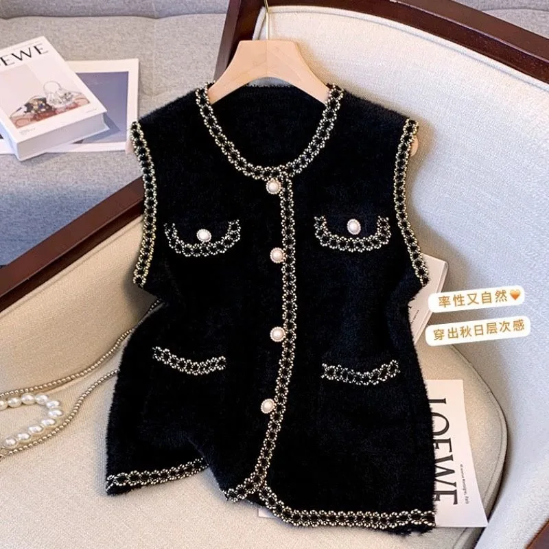 Xiaoxiangfeng Vest French Spring and Autumn New Versatile Vest 2025 Top Fashion Imitation Mink Cardigan Sleeveless Jacket