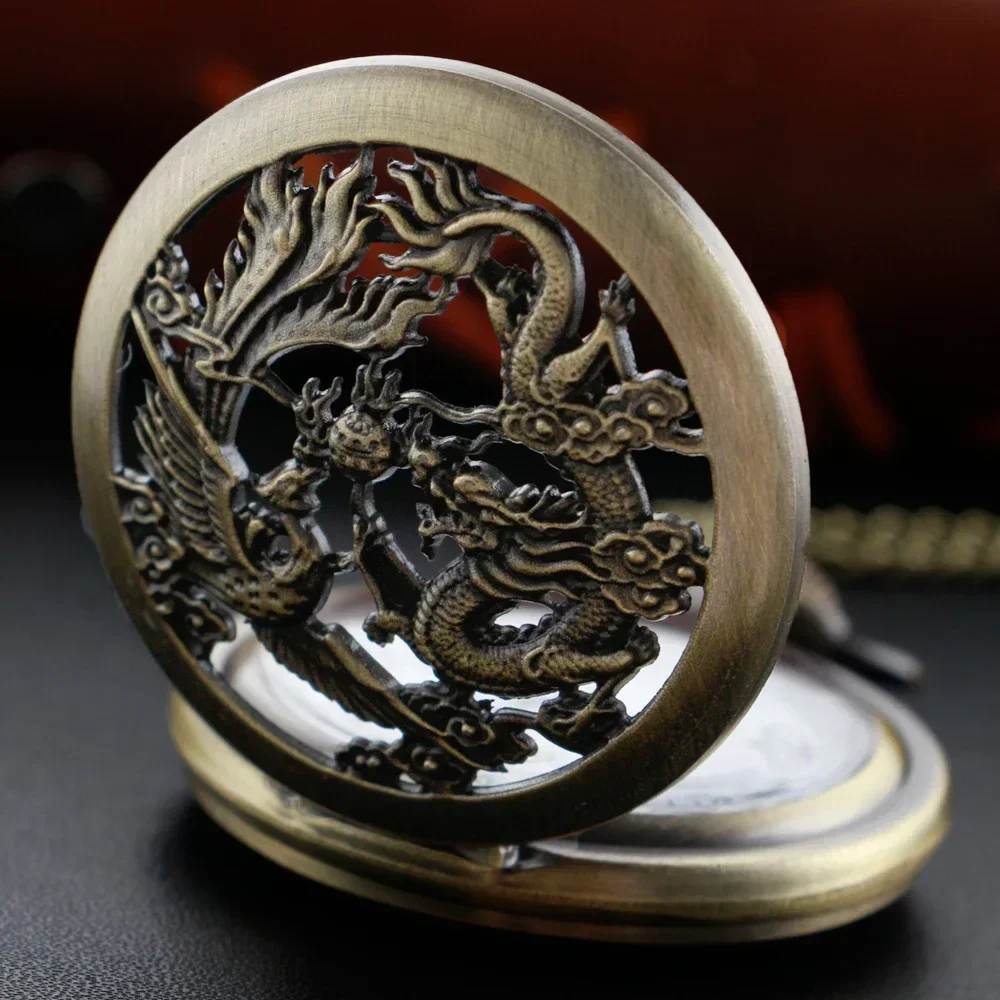 Dragon-Phoenix Carved Retro Quartz Pocket Watch Necklace Classical Dial Bronze Case With Chain Unisex Pendant Gift For Women Men