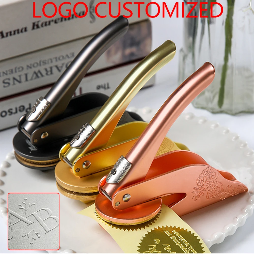 Timbre de gaufrage personnalisé avec LOGO, sceaux de gaufrage de livre personnalisés pour tête de lettre, enveloppe de mariage, décoration de remise de diplôme et de noël