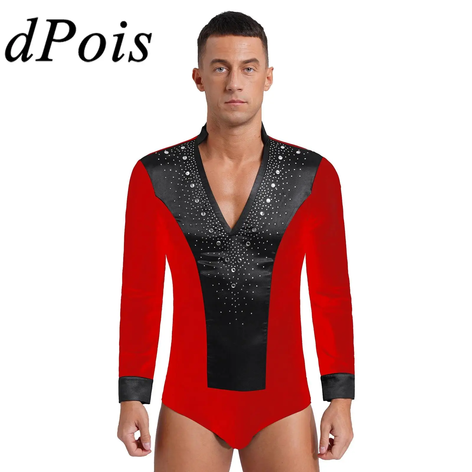 

Men Latin Dance Shirts Rhinestones Metallic Splice Top Male Ballroom Chacha Latin Dancing Clothes Competition Performance Wear