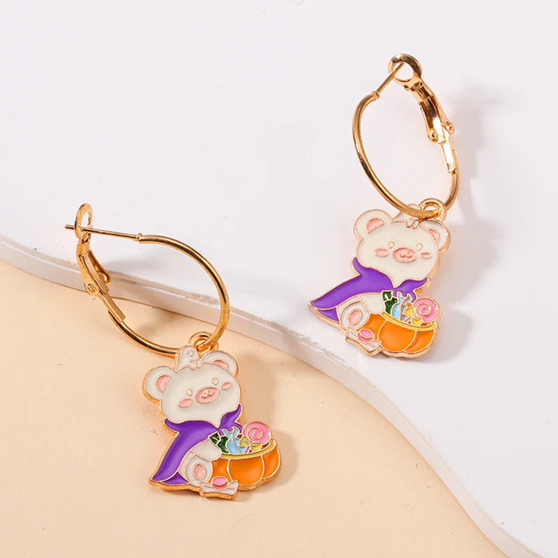 2026 العصرية Cuite المينا هالوين إسقاط أقراط للنساء الفتيات Kawaii الكرتون الأرنب شبح اليقطين استرخى هوب القرط مجوهرات #5