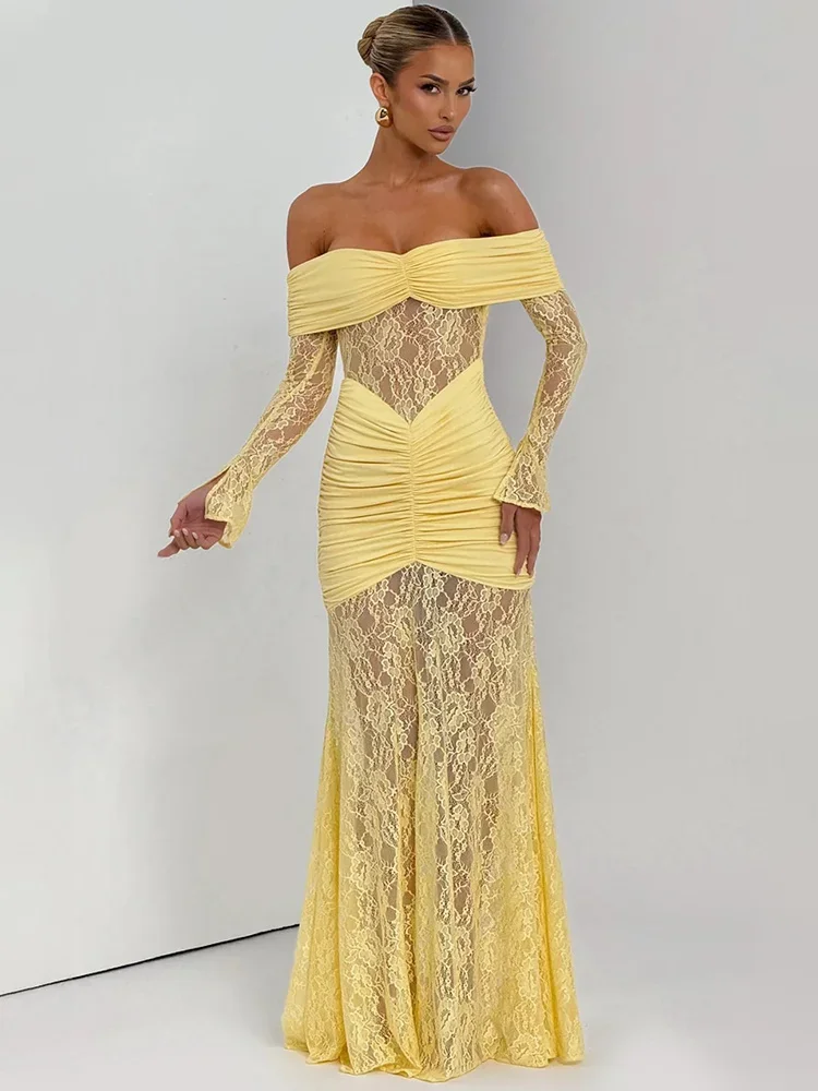 XIAOTANG-maxivestido Sexy de manga larga con hombros descubiertos para mujer, vestido de encaje transparente sin tirantes y espalda descubierta, vestidos de fiesta ajustados para discoteca