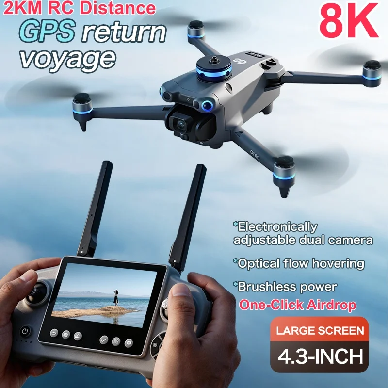 8K ESC Aerial Smart Airdrop 4.3in Screen FPV Remote Control Quadcopter 5G Brushless GPS Return Obstacle Avoidance RC Drone Toy