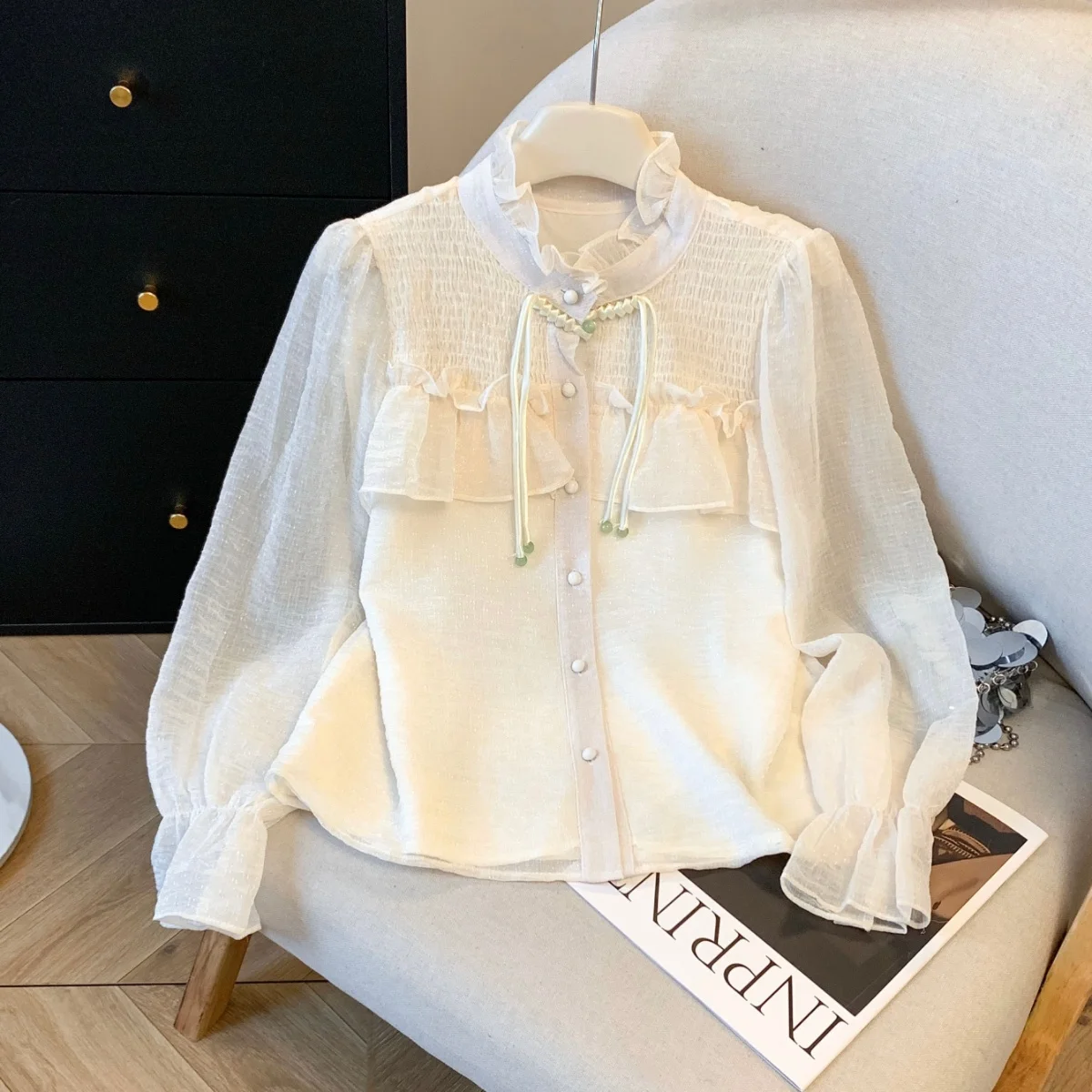 

New Chinese Style Bubble Sleeve Chiffon Shirt Women's Spring Peach Color Ladylike Shirt with Lace Trim Button Detail Top