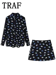 TRAF 2024 Printed Women Mini Skirt Sets For Women 2 Pieces Long Sleeve Shirts Top Women Suits New Two Piece Set Women Outfit