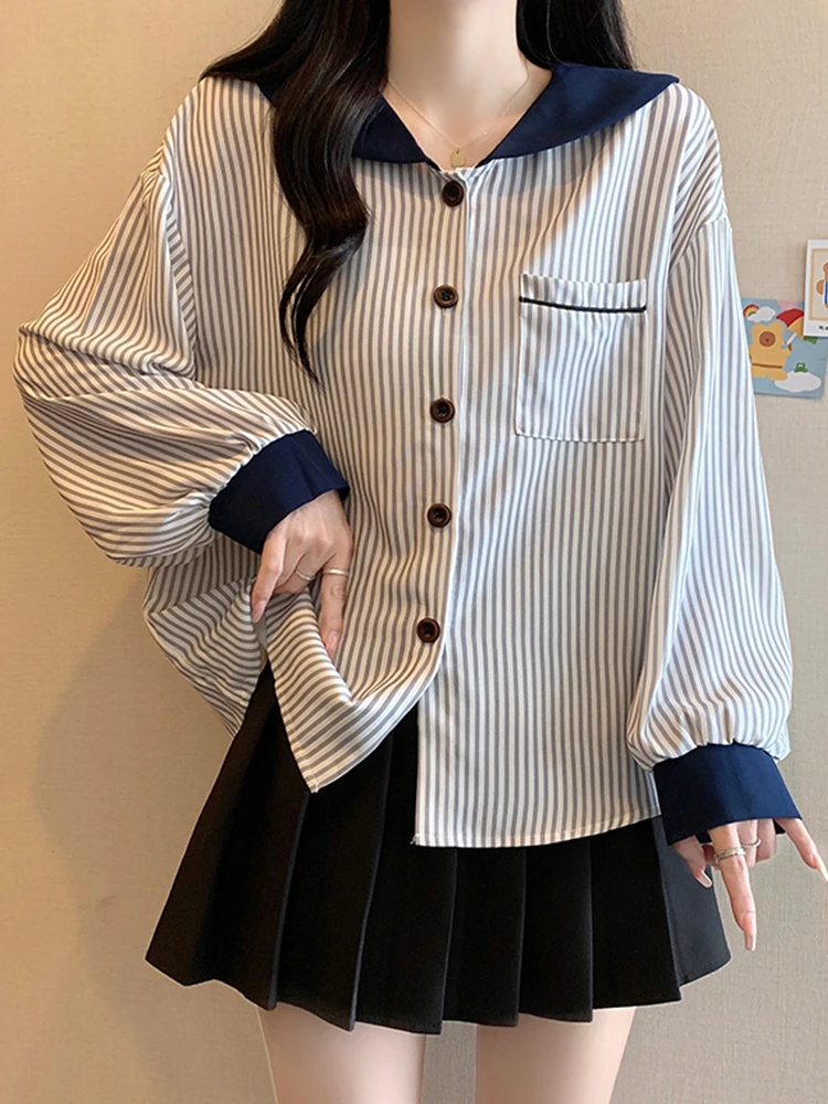 

Casual Striped Navy Collar irt Women's plus Size Loose College Sle Top Korean Design Spring Faion Breathable Skin-friendly