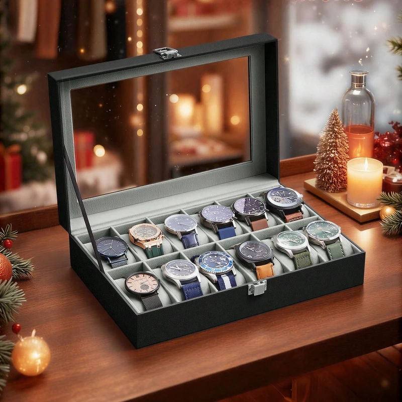 Watch Display Box - 12-Slot Lockable Watch Box with Glass