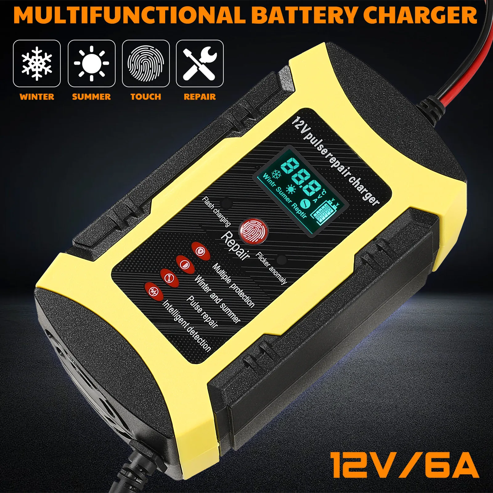 

12V 6a Car Battery Charger Automatic Maintainer Trickle Portable Screen Intelligent Charging Mode Wide