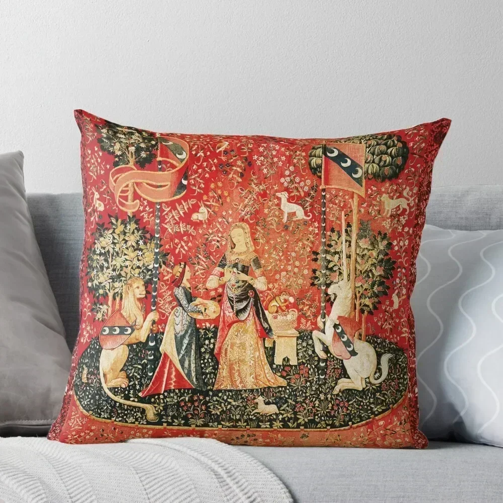 LADY AND UNICORN,SMELL,Lion,Fantasy Flowers,Animals Red Green Floral Tapestry Throw Pillow Embroidered Cushion Cover pillow