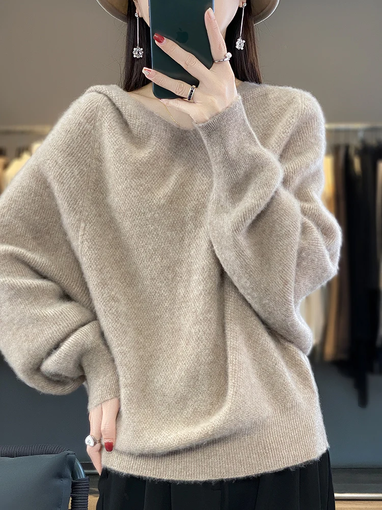 2023 Autumn/Winter New Bat Sleeved Cashmere Sweater Women\'s Clothing Hooded Pullover 100% Merino Wool Tops Fashion Sweatshirt