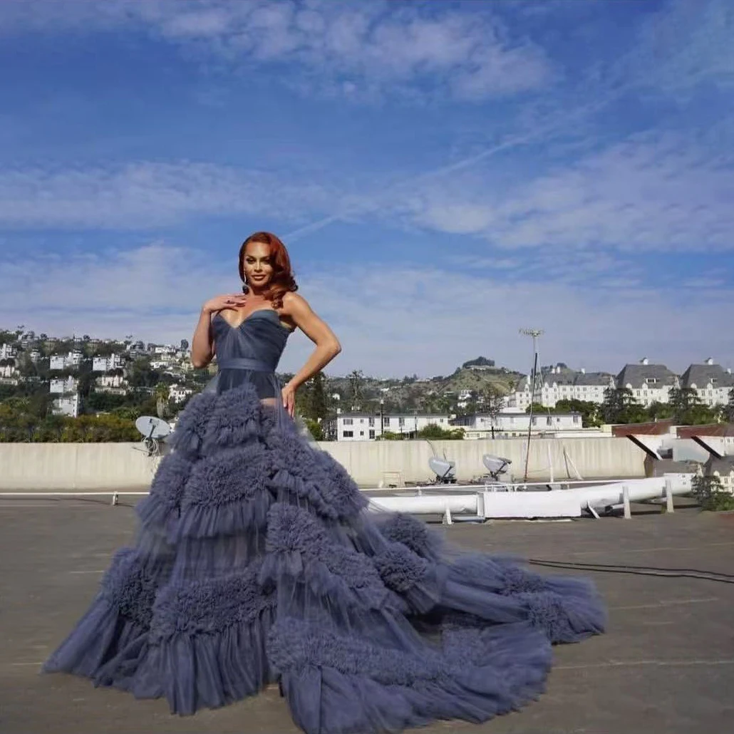 

Dusty Blue Sweetheart Gowns See Through Tulle Bridal Dresses Custom Puffy A Line Layered Mesh Party Dresses Photoshooting