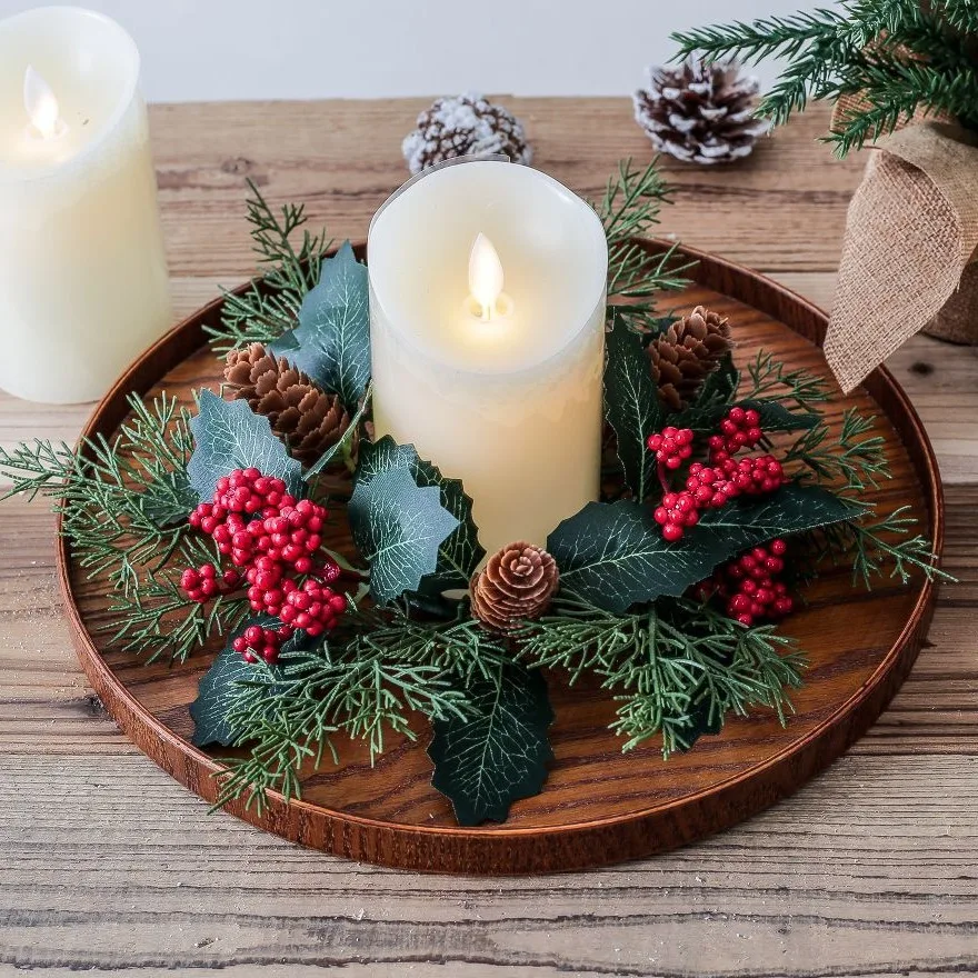 

Christmas Candlestick Wreath Artificial Berry Garland Candle Ring Xmas Table Decoration Fake Leaves Wreath for Candle Holder