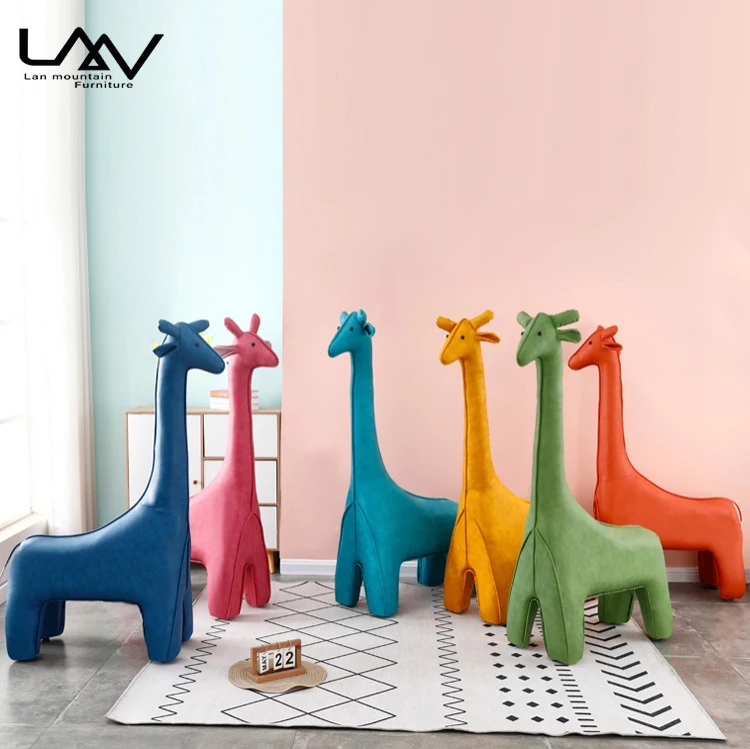 Hot Sale Living Room Leather Cartoon Stool Children Giraffe Animal Shape Ottoman Soft Stool