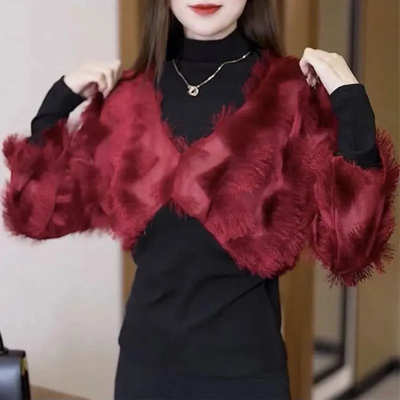 Fashion Tassel Korean Blouse Autumn Winter Fake Two Pieces Patchwork Women\'s Clothing Solid Color Casual Half High Collar Shirt