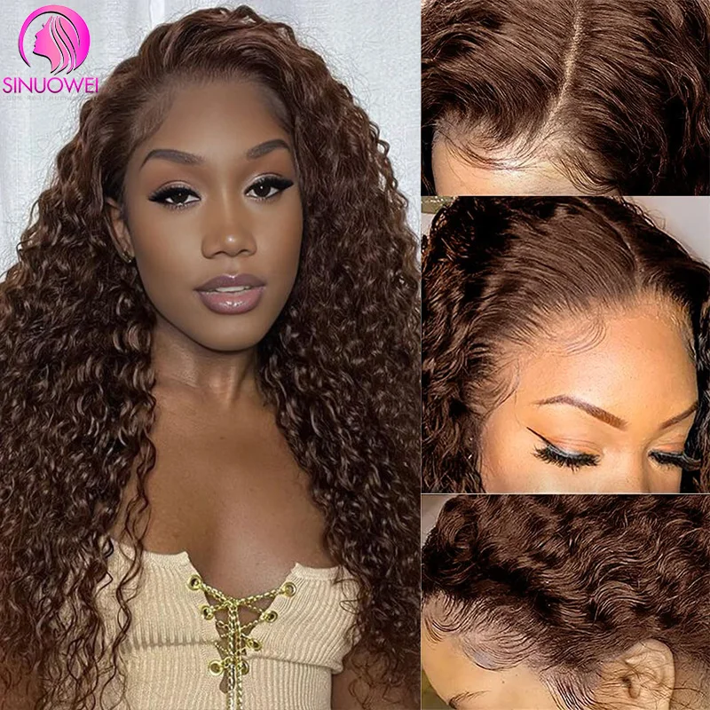 Brown Curly Lace Front Wigs Human Hair Water Wave 180% Density Chocolate Colored Pre Plucked 13X6 Transparent Lace Wig For Women