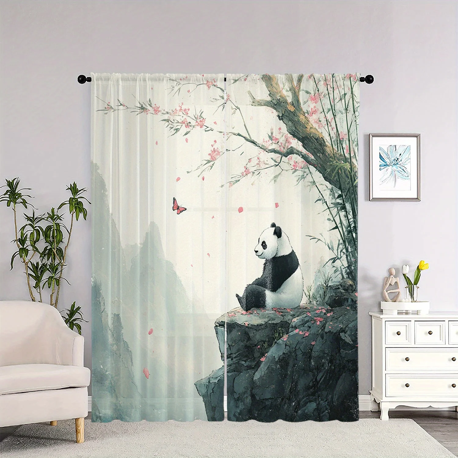 2PCS Panda Peach Blossom Butterflies Print Curtains Rod Pocket Top for Living Room Bedroom Study Home Decor