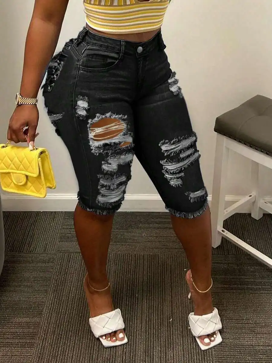 

Womens Ripped Denim Shorts With Mid Waist And Brushed Edge For Casual Summer Wear