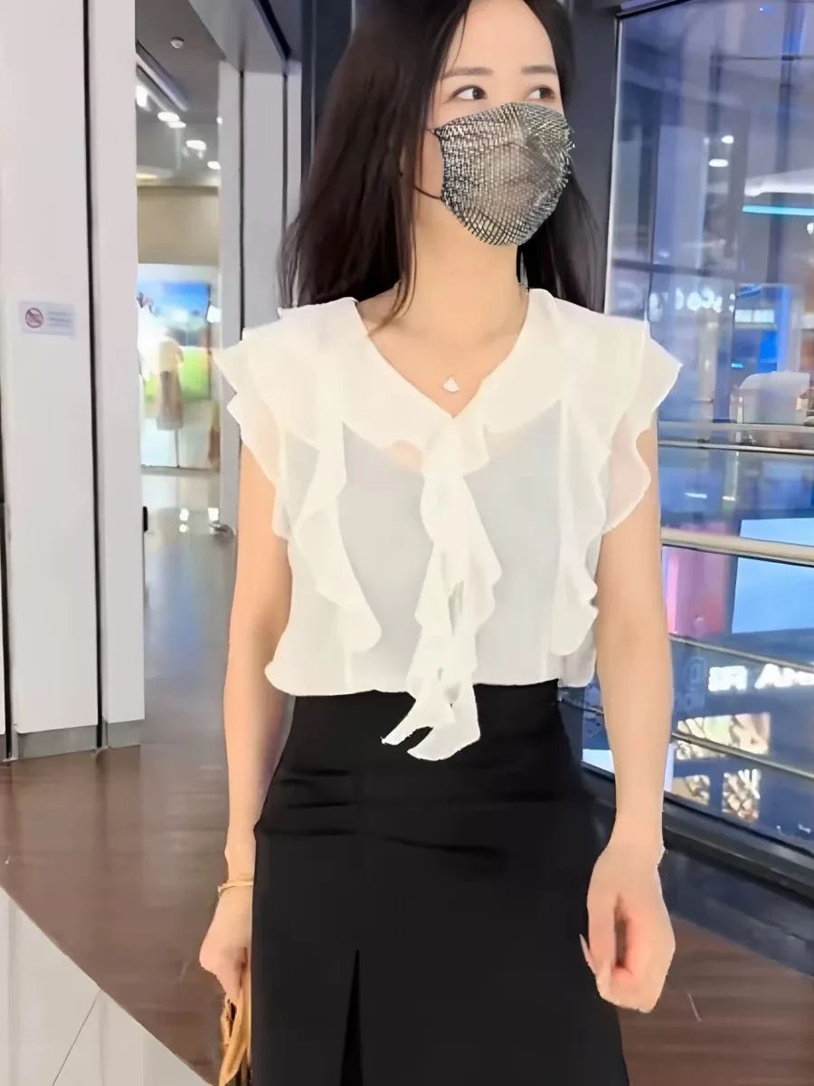 Faionable Chiffon irt for Women with Wood ain Ruffle Summer New Sle Slimming Agel Top Commute Loose Fit UV Protection