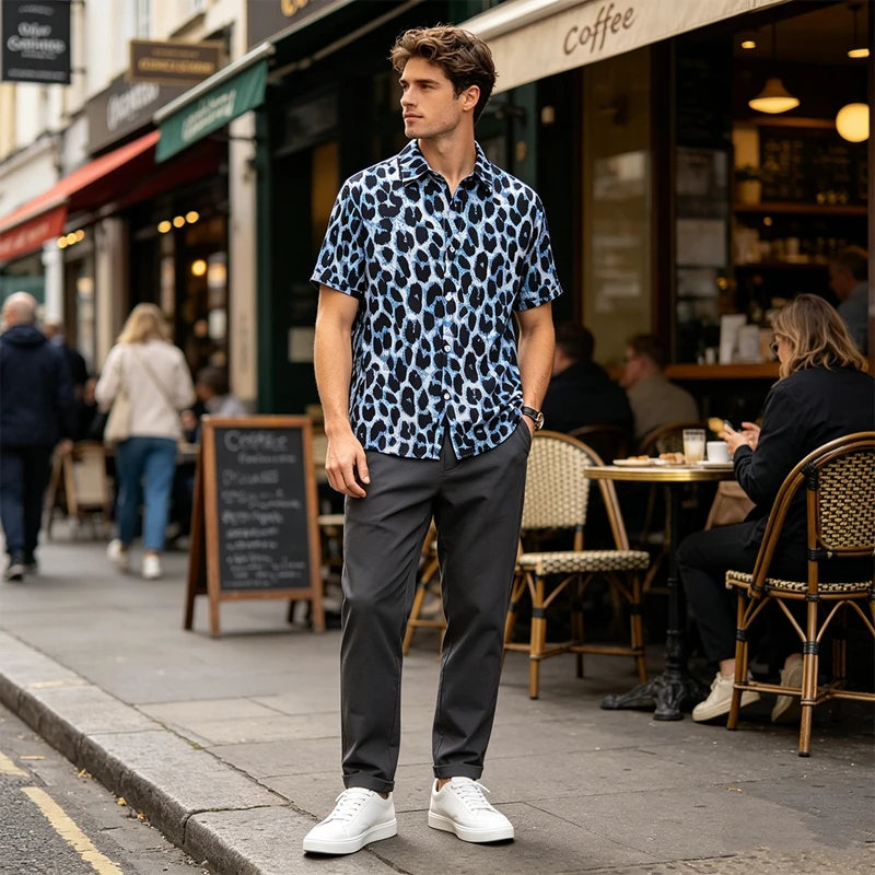Streetwear Y2k Blaues Leoparden-Hawaiihemd für Herren, Auffälliges Gepardenmuster Kurzarm-Hemd mit Knöpfen, Lässiges Sommer-Party-Oberteil – Detail 2