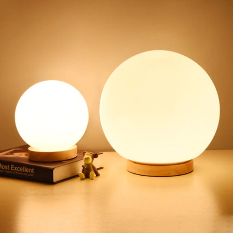 de mesa de bola de vidrio esmerilado, accesorio  LED E27 de madera de estilo  blanco,  moderno, para sala de estar y Escritorio