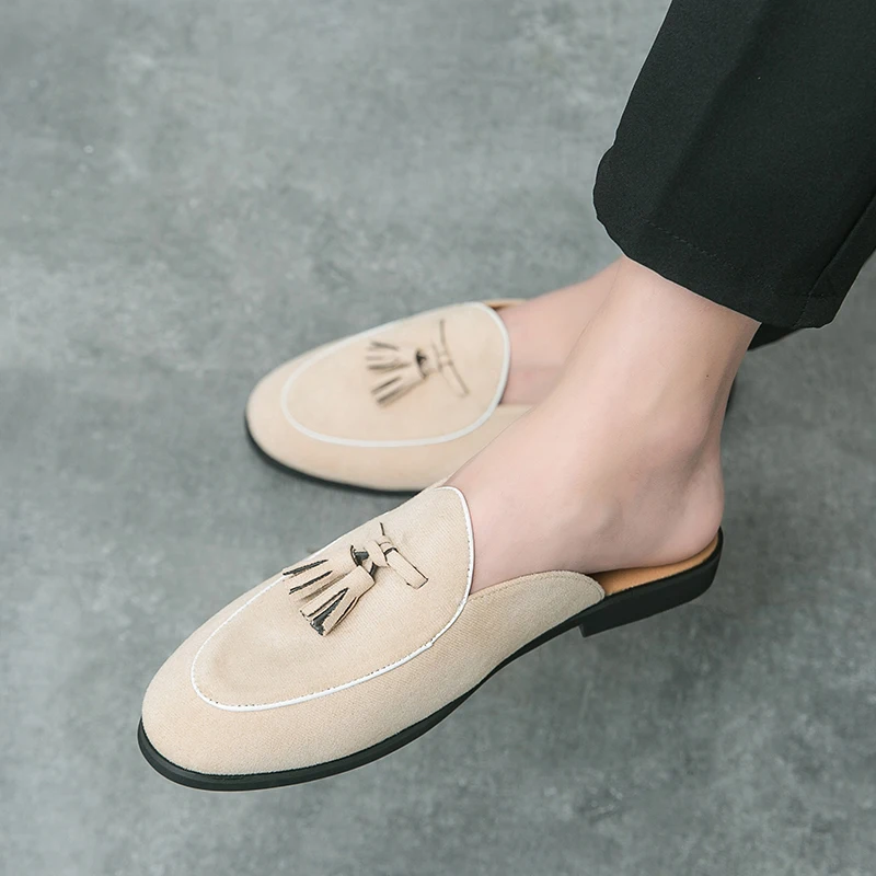 Mens Slippers Leather Slide Sandals Slip on Flats Mules Shoes Casual Men Half Slipper Comfortable Soft Business Leather Sandal