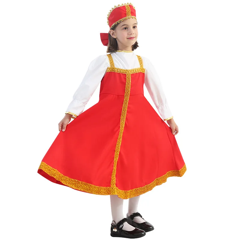 Russian Dance Tutu Dress Puff Sleeve Princess Dress Halloween Red Sarafan Folk Fancy Dress Kid Girls Traditional Russian Costume