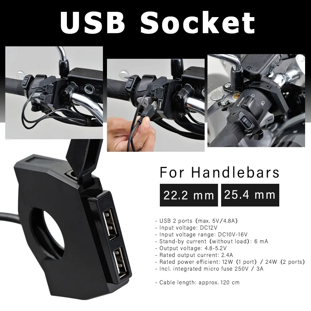 Dual USB Charger Plug Socket Adapter para a motocicleta, guidão, BMW, YAMAHA, HONDA, SUZUKI, acessórios, 22,2-25,4 milímetros