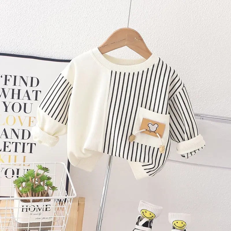 2023 New Kids Clothes Boys Crew Neck Long Sleeve Spring Autumn Fashion Casual Striped Cartoon Contrast Color Kawaii Tops