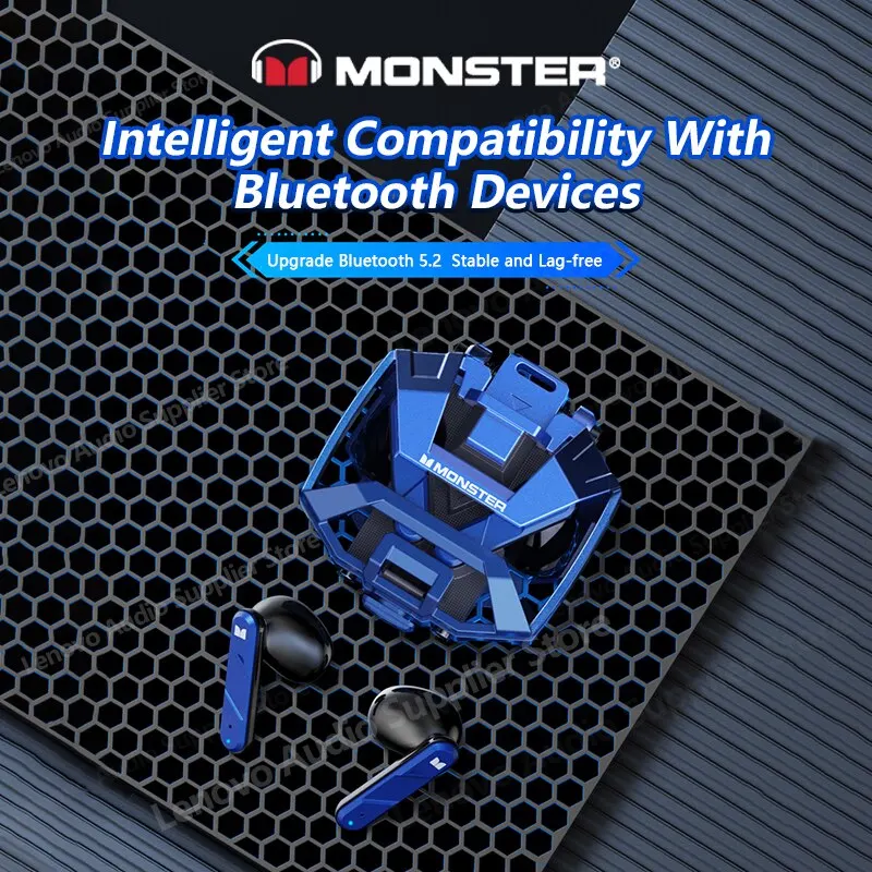 Monster XKT09 earphone Bluetooth 5.2 TWS, Headset Gaming nirkabel mengurangi kebisingan latensi rendah IPX4 anti air