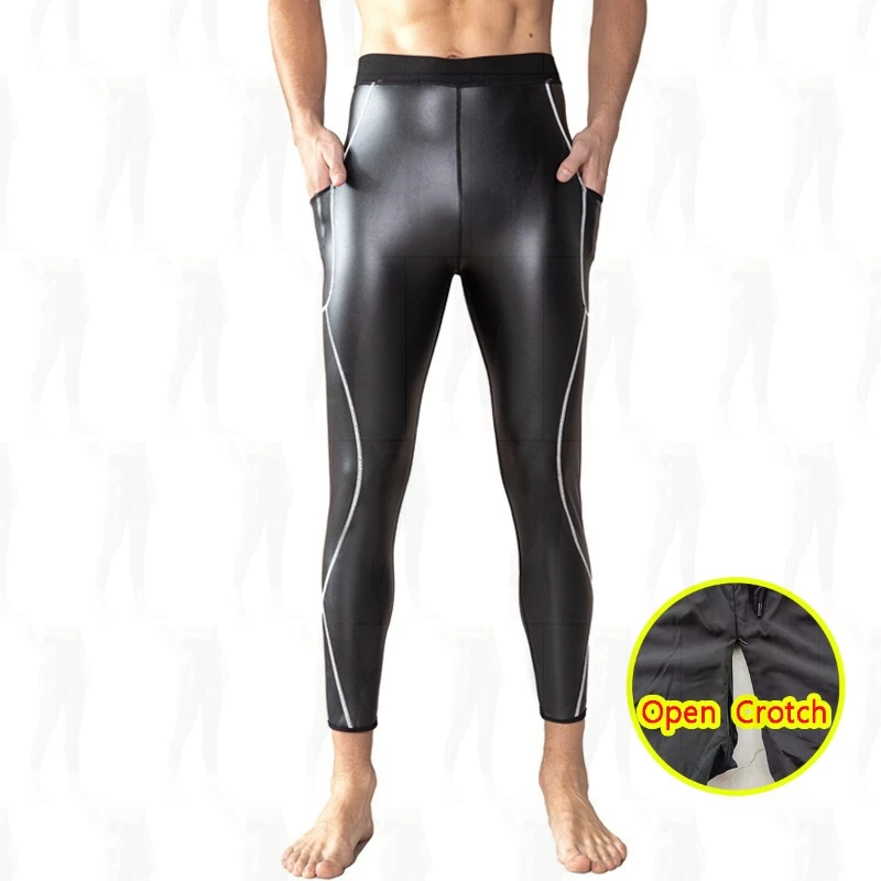 

Мужские сексуальные черные леггинсы из искусственной кожи с открытой промежностью, спортивные формирователи пуш-ап, брюки до щиколотки для спортзала, лоскутная клубная одежда с вырезами