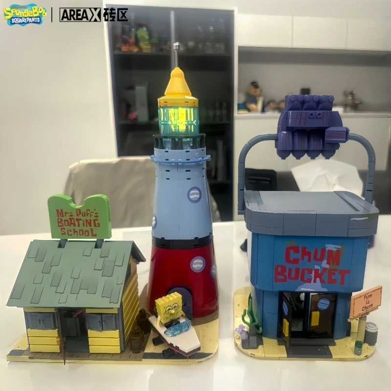 مكعبات بناء جديدة من AREAX SpongeBob SquarePants Chum Bucket Street Scene Mrs. مدرسة القوارب المنتفخة ‌   لعبة زينة نموذج البناء