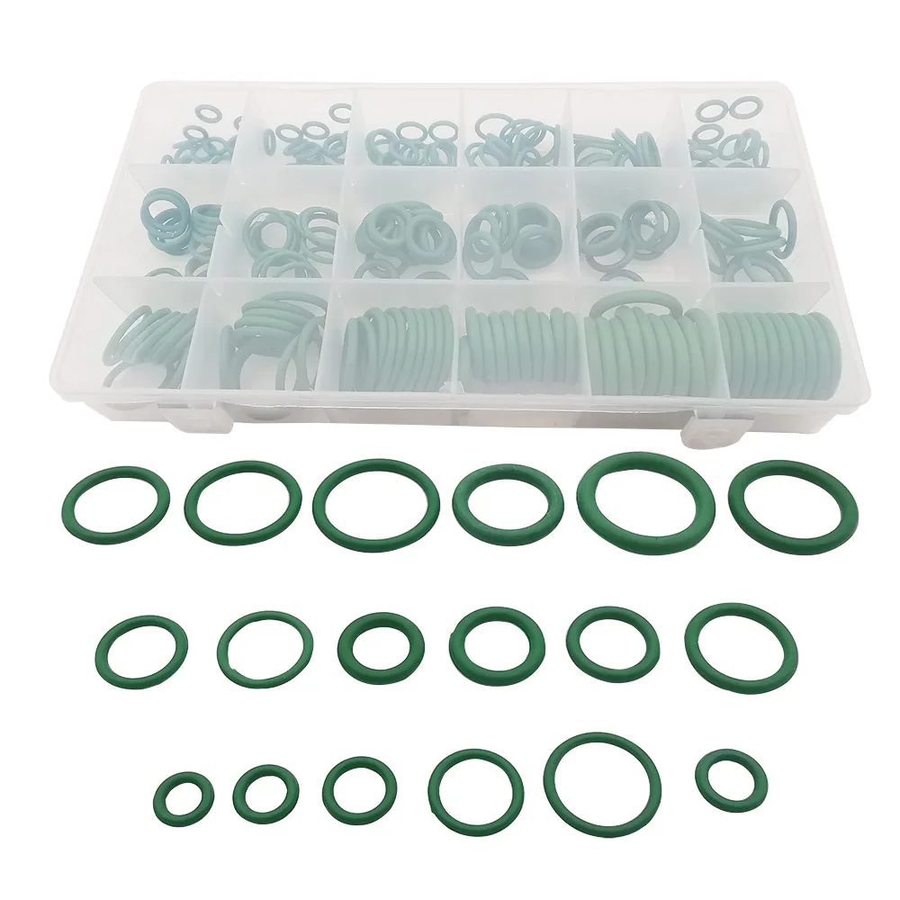 225Pcs/Box Green O Ring Rubber Washer Seals Assortment Kit 18 Size O-ring Air Conditioning O-Ring Rubber Gasket Repair Tool Set