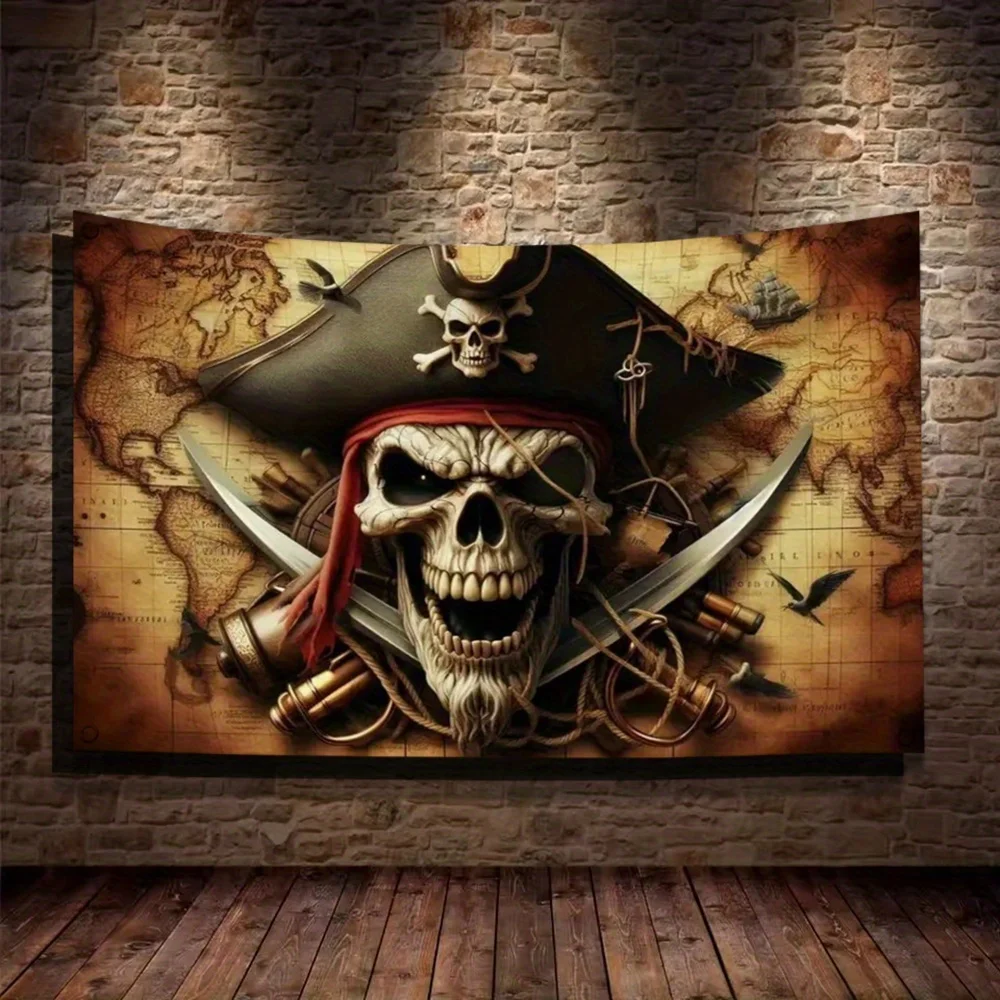 Gothic Pirate Skull Wall Tapestry Banner Nautical Decor Vintage Skeleton Pirate Flag Man Cave Art Canvas Print Large Size Home D