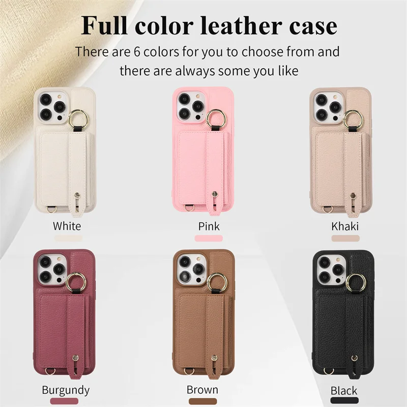 

Long Drawstring Lychee Texture Leather Wallet Card Case For iPhone 15 14 Plus 15 13 12 11 Pro Max Wrist Strap Dracket Back Cover