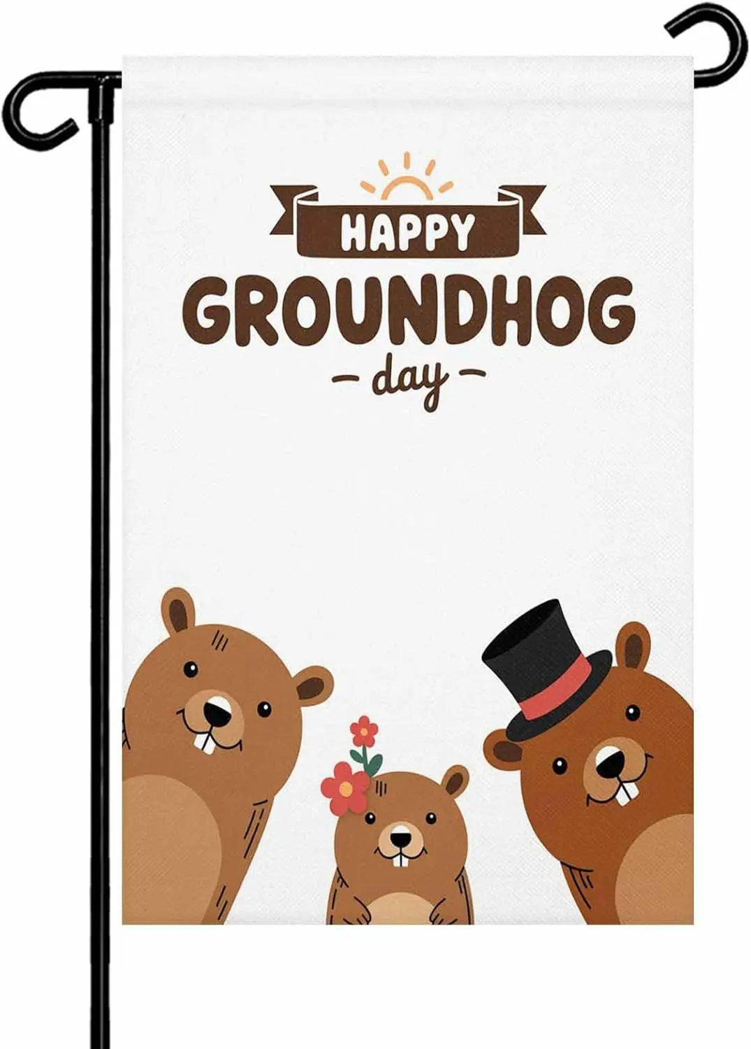 Happy Ground Day Garden Flag 12x18 Inch Country Cartoon Floral Hat Groundhogs Double Sided Yard Flags for Outdoor Decoration ZZM