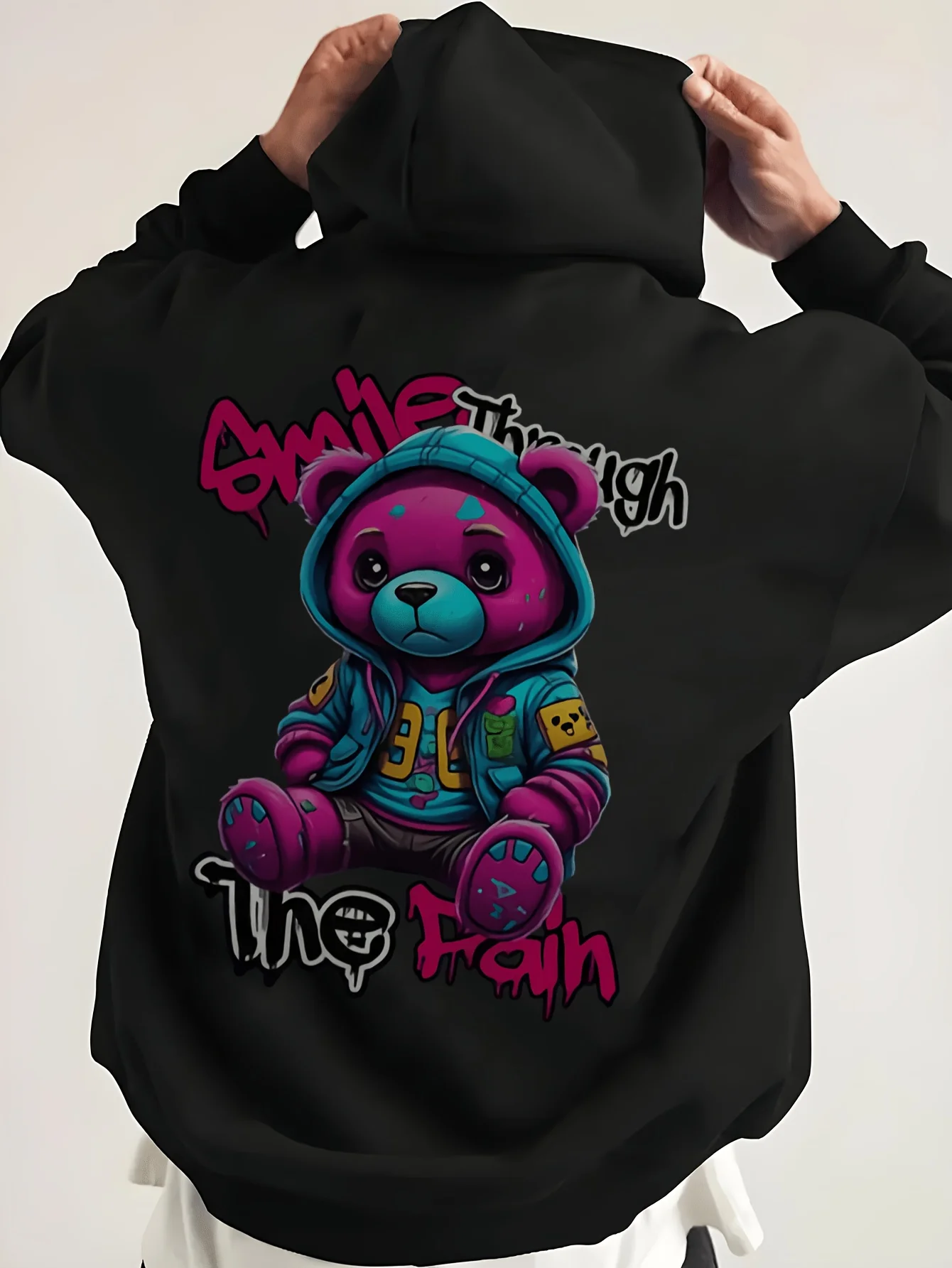 Men's and Unisex Retro Bear Pattern Hoodie - Soft and Breathable with Bear Print, Lightweight and Warm Pullover, Machine Washable, Size (Black) - Autumn and Winter Casual Wear, Suitable for Both Men and Women