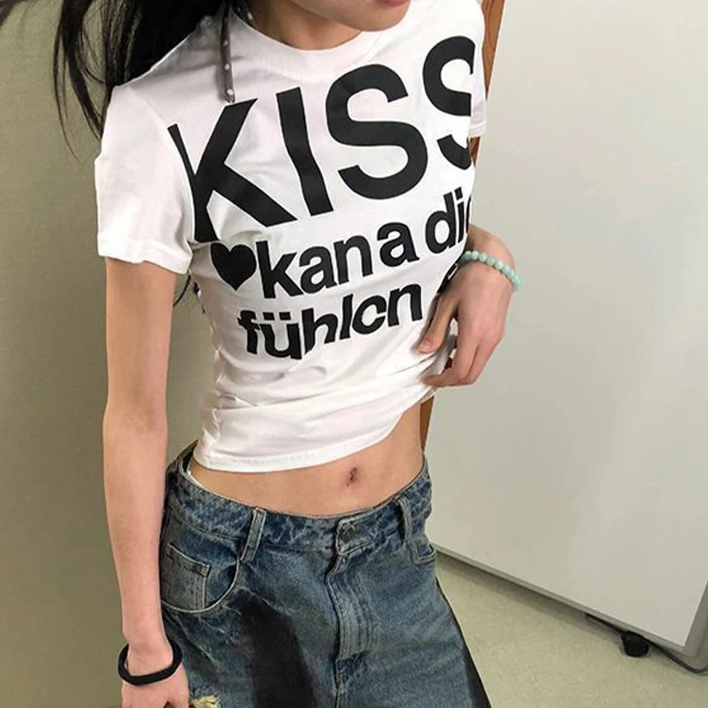 Japanese Sweet Y2K Letter Print T-Shirt Trashy 2000S Style Crop Top Vintage Harajuku Short Sleeve Tee Shirt American Retro 90S