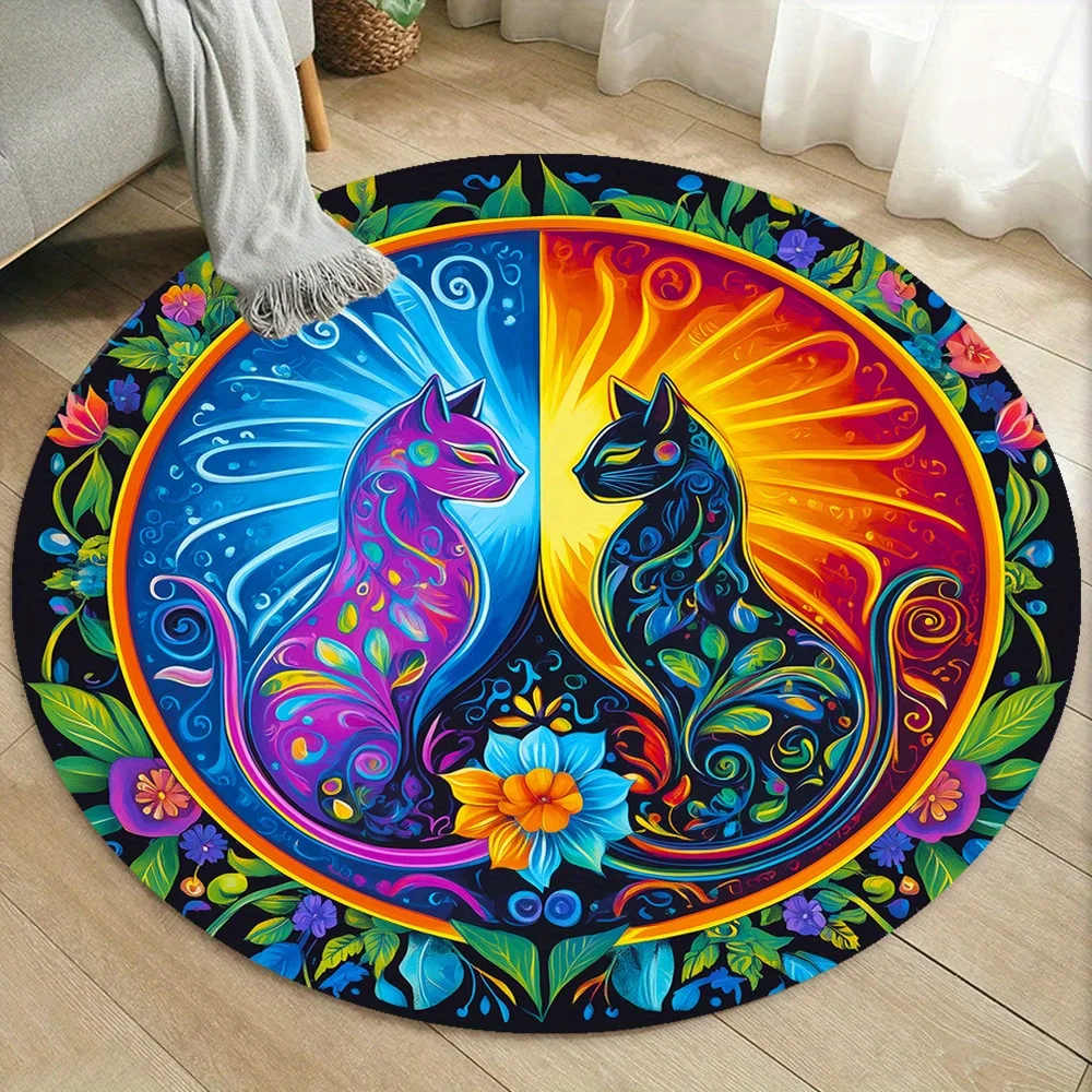 Yin Yang Cats Round Area Rug Flannel Soft Non Slip Colorful Artistic Floor Mat for Living Room Bedroom Meditation SpaceHomeDecor