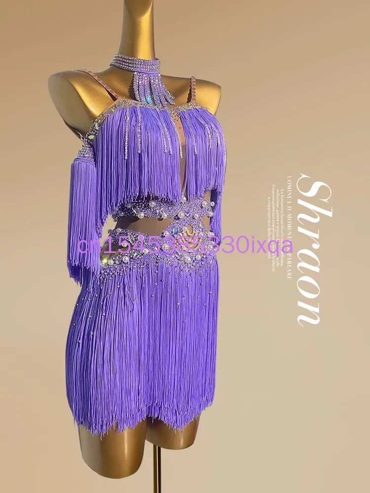 Concorso di danza latina Abito da piscina nero di fascia alta con diamanti personalizzati con giunture di perle Samba Performance Abbigliamento da donna