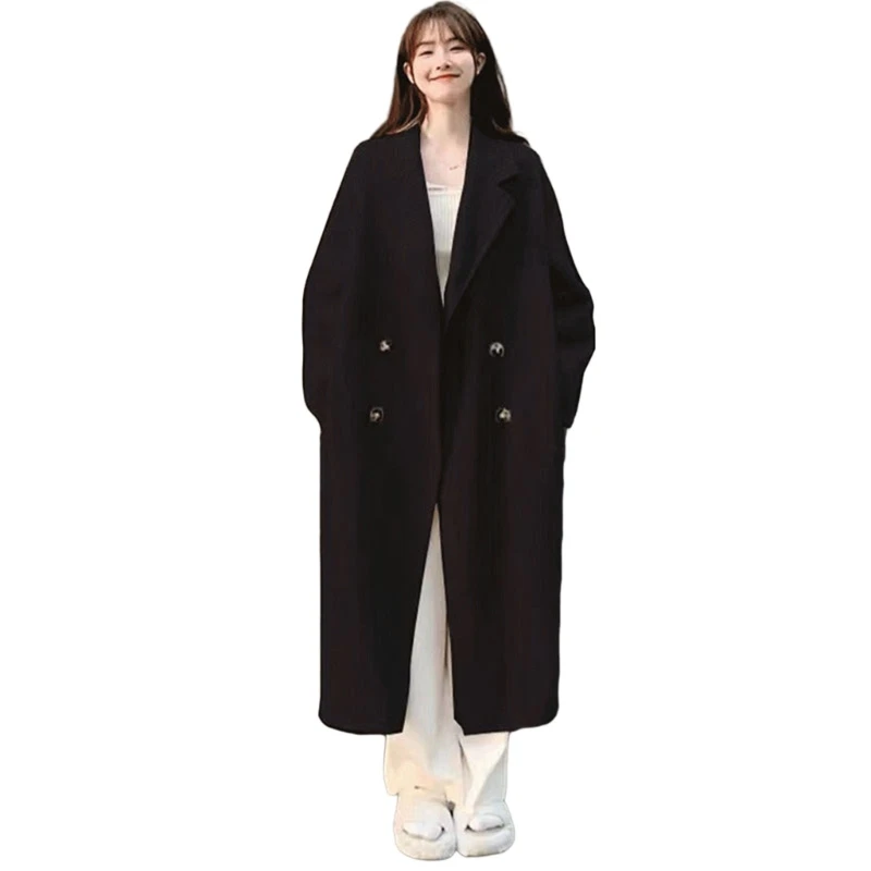 

Women Solid Color Faux Wool Long Pea Coat Lapel Collar Double Breasted Overcoat Vintage Elegant Loose Jacktes Outwear