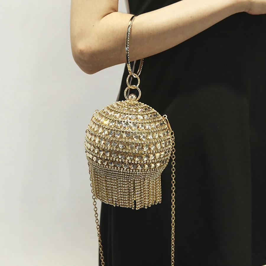 

Luxury Diamond Tassels Round Handbags Crystal Ball Purse Women Dinner Evening Shiny Rhinestone Metal Ring Handle Clutches Purse