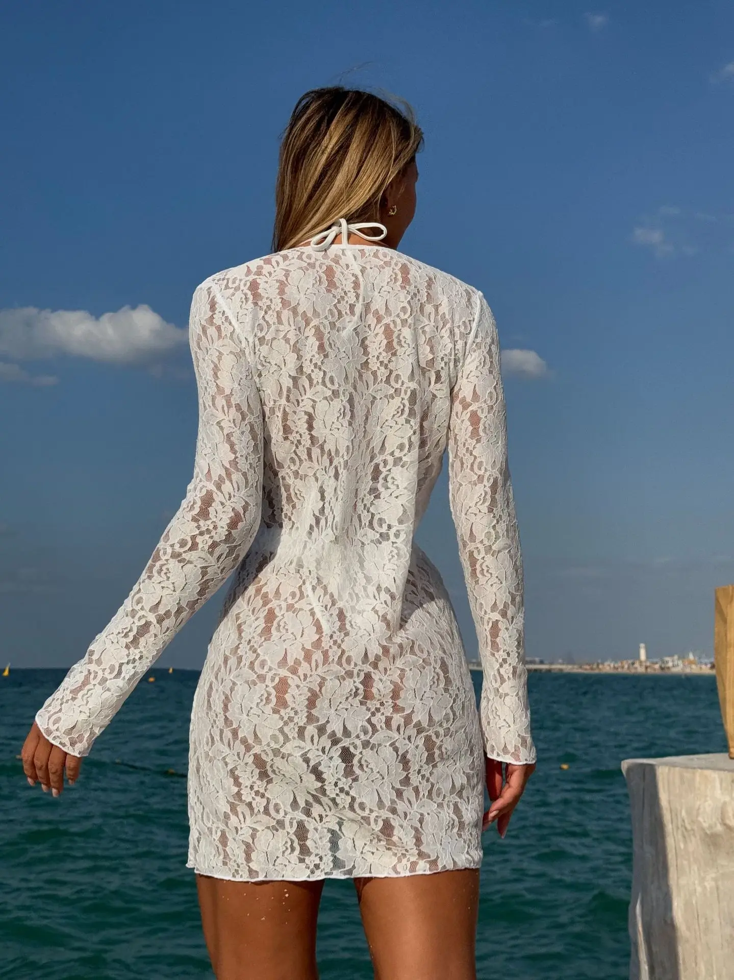 2025 Solid Lace Bikini Set Sexy Long Sleeve Swimsuit Dress 3-Piece Sheer Cover Up Beach Pool Summer Holiday Beach Swim Outfits