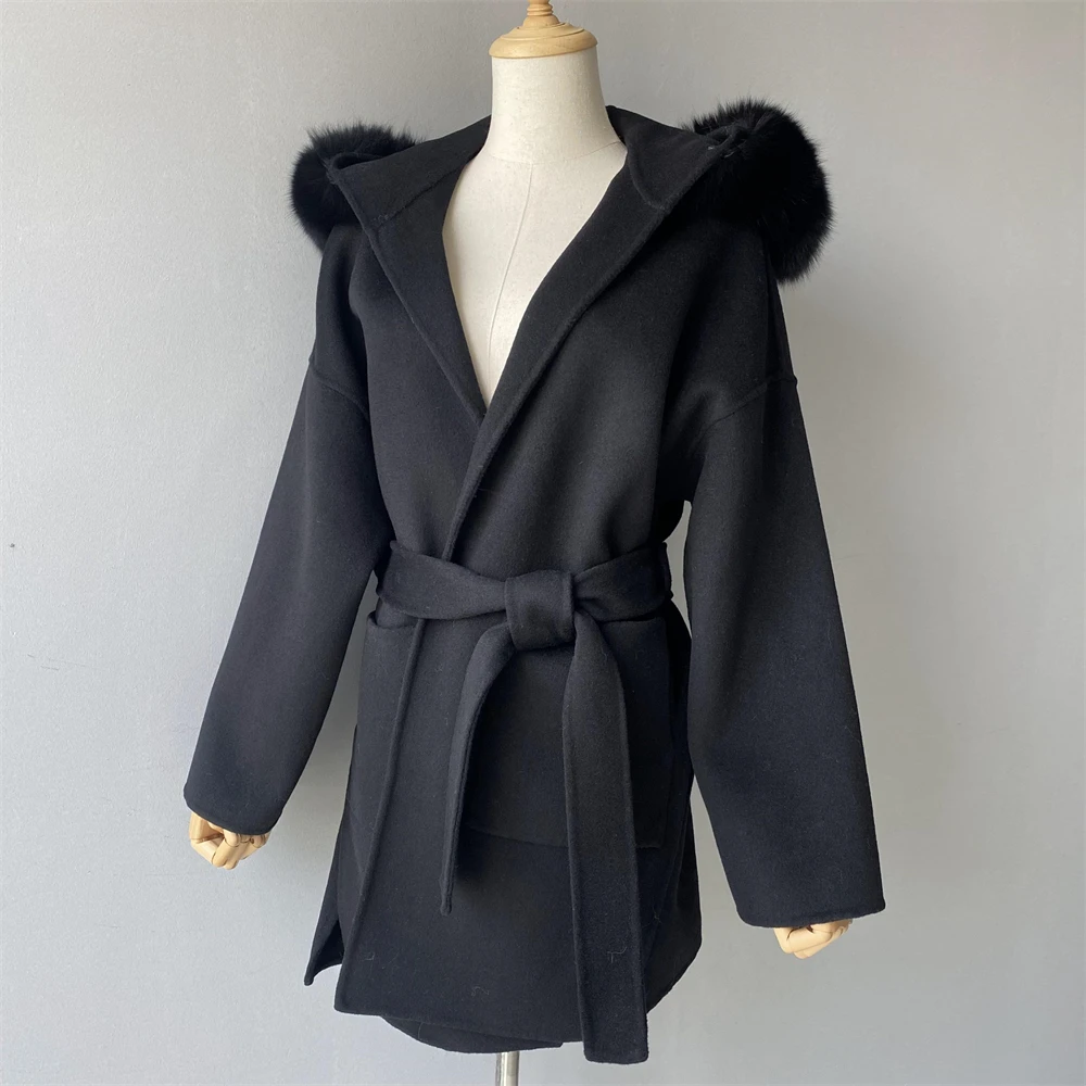 Jxwatcher wollen jas en mengsels mode middellange kasjmier jas met capuchon 100% echte vossenbontkraag manchetten winterjas voor dames - afbeelding 1