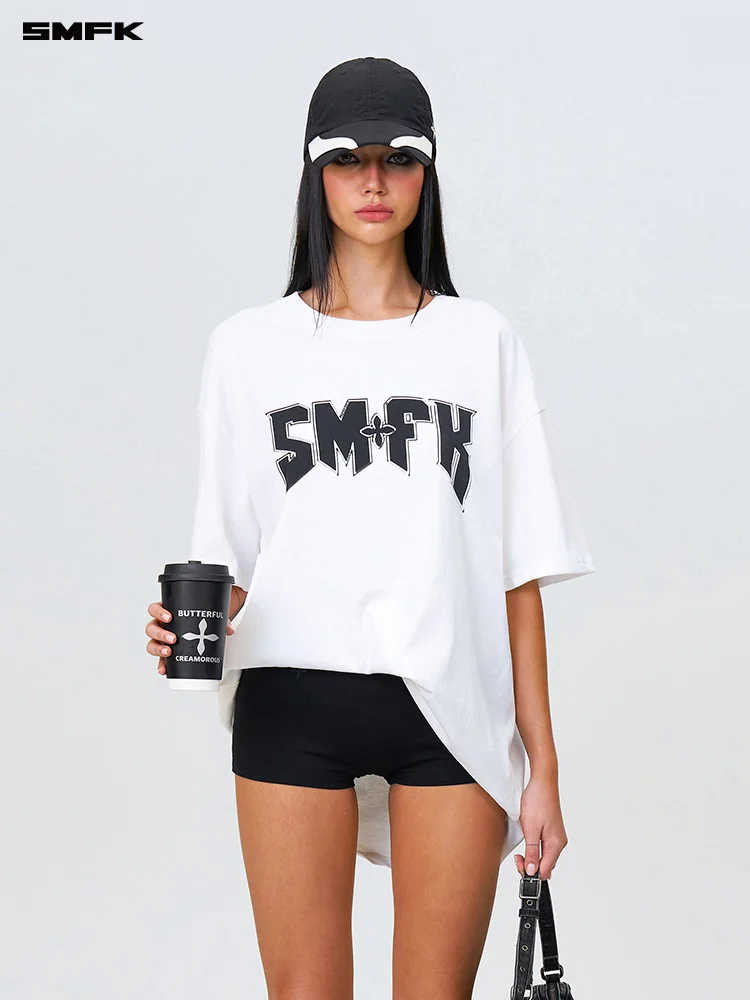 SMFK  Letter Printing T-Shirt Metal Rock Vintage Short Sleeve Women and Men Couple Sports Tops Summer Casual Wide Body Tees