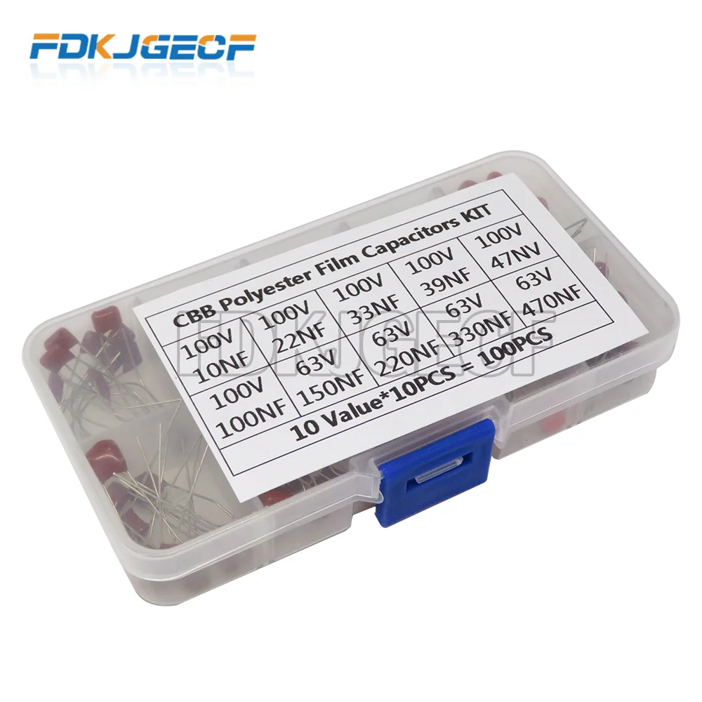 100pcs 10nF~470nF Metallized Polyester Film Capacitors Assortment Kit High precision and stability samples CBB capacitor set