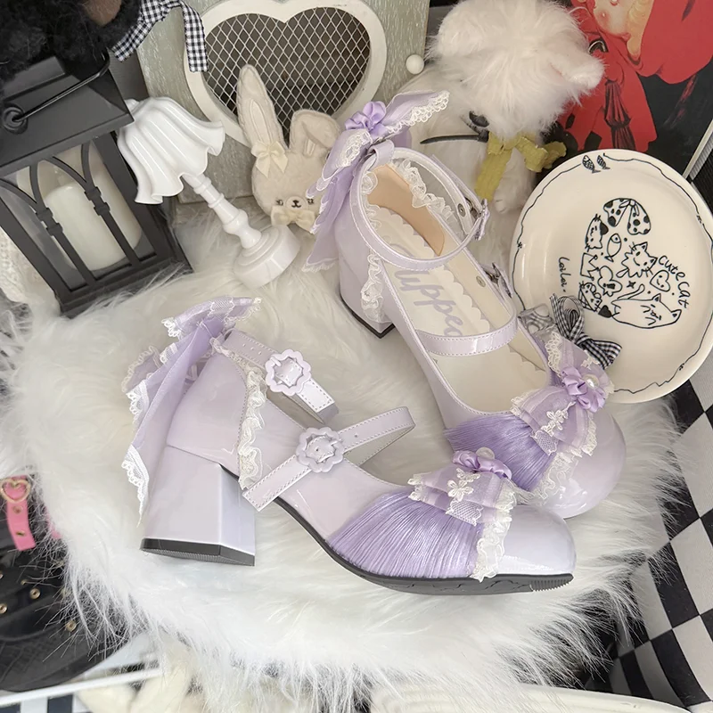 Japanese Sweet Cute Girl Original Lo Shoes High Heels Soft Girl Versatile Lace Ballet Style Lolita Bow Flower Mary Jane Shoes