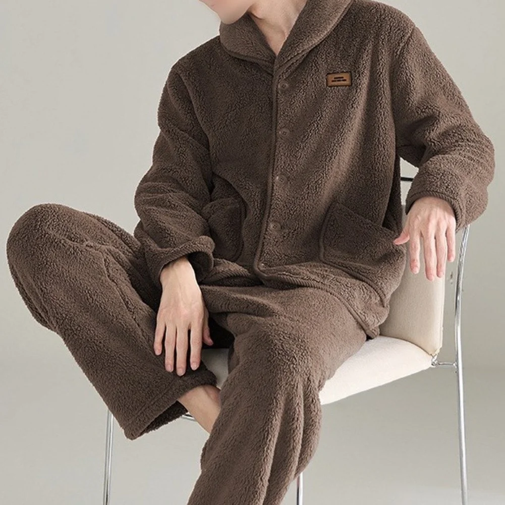 Men's Winter Coral Fleece Lined Pajama Sets Thickened Warm Stand Collar Long Sleeve Sleepwear Home Lounge Wear Solid Color